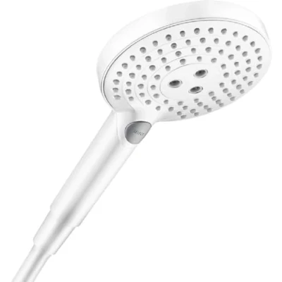 Immagine di hansgrohe Raindance Select S soffione doccia con 3 tipi di getto (con PowderRain), rotondo (diametro 120 mm), funzione anticalcare, bianco opaco