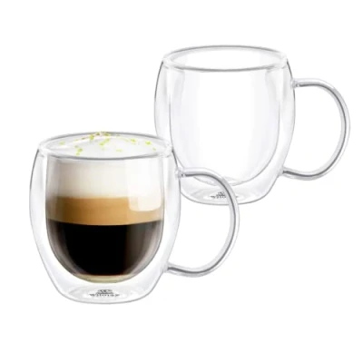 Immagine di Wilmax bicchieri termici a doppia parete con manico, set da 2 400 ml tè di latte macchiato caffè cappuccino