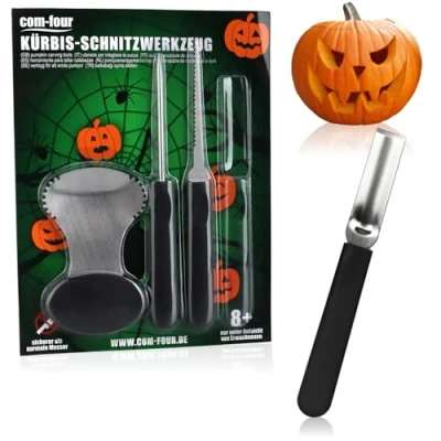 Immagine di com four® Set da 4 pezzi per intagliare zucche, Halloween, utensili taglio scavare in acciaio inox, cucchiaio, foratore, sega, raschietto (4 pezzi, nero)