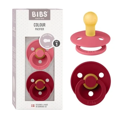 Immagine di BIBS Colour Ciuccio confezione da 2 pezzi. Privo di BPA, Tettarella tonda. Lattice gomma naturale, Misura 1 (0 6 mesi), Coral/Ruby