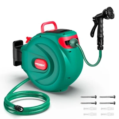 Immagine di HICHIKA Avvolgitubo da Giardino 20M Aria Compressa Retrattile con Blocco Automatico, Ugello a 8 Funzioni, 180 Giro, Conservazione Sicura per Tubi d&#039;Innaffiamento Esterni
