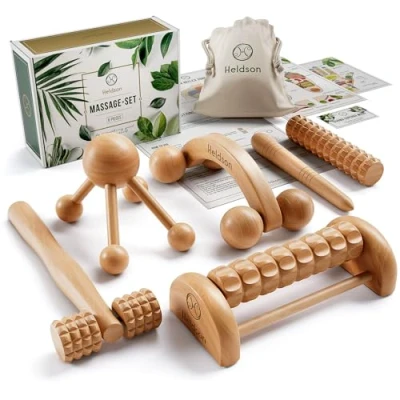 Immagine di HELDSON® FSC® Set di massaggi alta qualità in legno [6 pezzi], 100% vari massaggiatori e per massaggiare i piedi, la testa, triggerpoint Strumenti