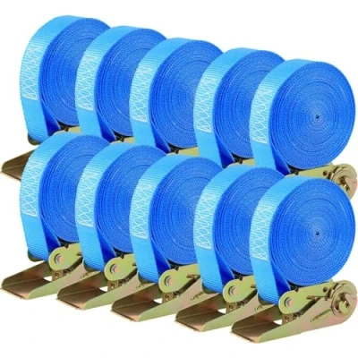 Immagine di Confezione da 10 Cinghie di ancoraggio 800 kg con cricchetto, a cricchetto 6 m lunghezza 25 mm, fissaggi, per il fissaggio del carico,blu