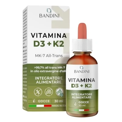 Immagine di Bandini® Vitamina D3 K2 Gocce, in Olio Extra Vergine di Oliva EVO, Colecalciferolo 1000 UI per Goccia + Vit MK 7 Menachinone Kappa 99,7% 100 mcg Goccia, con pratico Contagocce