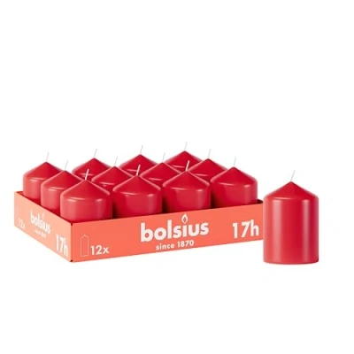 Immagine di Bolsius candele a pilastro lisce, colore rosso, 12 pezzi, 8 x 6 cm, decorative per la casa, durata 17 ore, non profumate, contiene cera vegetale naturale, senza olio di palma