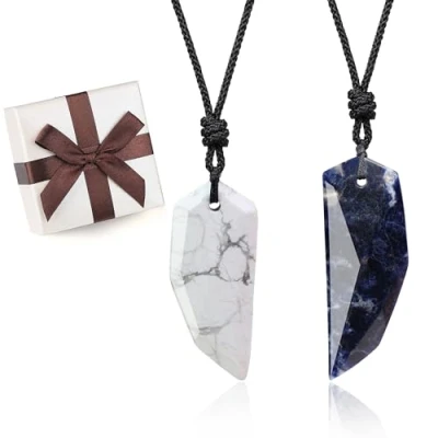 Immagine di COAI Set Coppia Collane con Pendenti Dente di Lupo in Sodalite Blu e Howlite, Laccio Regolabile