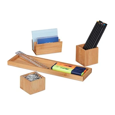 Immagine di Relaxdays Desk Organizer, Portaoggetti Scrivania Set da 4 pz., Portapenne Foglietti Cancelleria Ufficio, Bambù,naturale