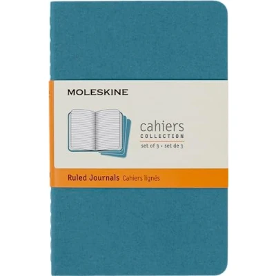 Immagine di Moleskine Cahier Journal, Set 3 Notebooks with Ruled Pages, Cardboard Cover Visible Cotton Stiching, Colour Brisk Blue, Pocket 9 x 14 cm, 64 Pages