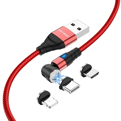 Immagine di HEYBRO Cavo di Ricarica Magnetico 3 in 1, USB C Rotante 360 e 180, Rapida 3A trasferimento dati, compatibile con Micro USB/Tipo C/i P