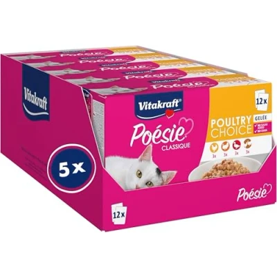 Immagine di Vitakraft Poésie Classique, alimento umido gatto, multipack, con pollo, tacchino, pollame e anatra, per gatti adulti, senza l&#039;aggiunta di zuccheri cereali (5 confezioni 12x 85g)