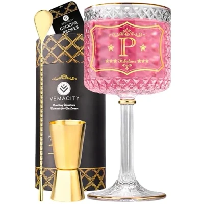 Immagine di Vemacity Bicchieri Gin Tonic Personalizzato Bicchiere con Iniziale (P), 3 Bordi Dorati, Spoon e Jigger Oro Set Regalo in Confezione Elegante Personalizzati + PDF eBook Gratis