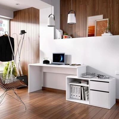 Immagine di Dmora Scrivania Gardena, Scrittoio multiposizione da ufficio o cameretta, Tavolo studio angolare multiuso, 139x92h75 cm, Bianco