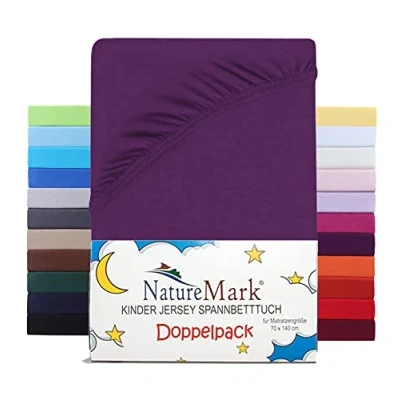 Immagine di NatureMark Set di 2 lenzuoli con angoli elasticizzati per bambini, in jersey, 100% cotone, culla e lettino, 70 x 140 cm, colore: viola