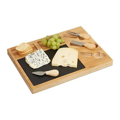 Immagine di Relaxdays Set da Tavola, Vassoio in bambù &amp; 3 Coltelli Formaggio, Tagliere, HLP x 40 30 cm, Naturale, Ardesia, Metallo