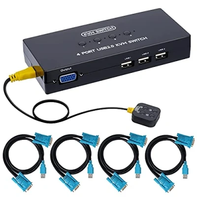 Immagine di VGA KVM Switch, USB e Commutatore con 4 Cavi KVM, Porte Switch Box per PC Monitor, Tastiera Mouse, Scanner, Stampante