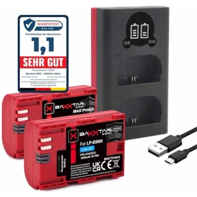 Immagine di Baxxtar 2x Batteria LP E6NH V1 MaxProtect (2400mAh) sensore NTC attivo, custodia V1, anche compatibile con Canon R5 R5c R6 R6II R7 (con caricatore 18602 Mini USB LCD)