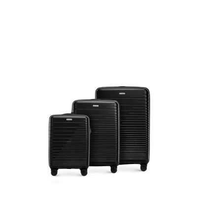 Immagine di WITTCHEN FUERTA Line Set di 3 valigie Bagaglio rigido Valigia espandibile in polipropilene con strisce lucide 4 rotelle doppie Manico telescopico Serratura TSA Taglia (S+M+L) Nero
