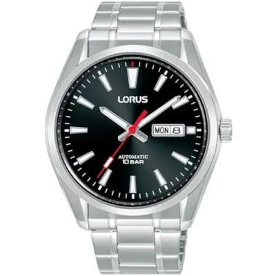 Immagine di Lorus Classico quadrante automatico con giorno/data da 100 m (42,5 mm) nero a raggi di sole/acciaio inossidabile RL451BX9