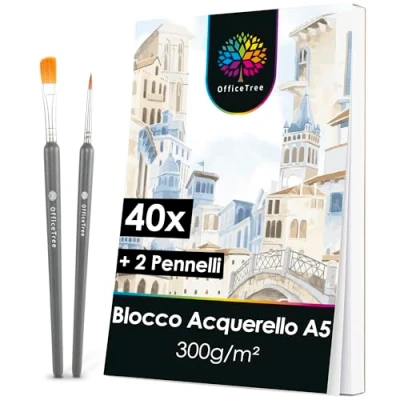Immagine di OfficeTree 40x Carta Acquerello A5 300g con 2x Pennelli Fogli un Lato Liscio e uno Ruvido Watercolor Paper per Sketchbook Blocco