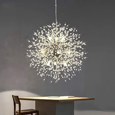 Immagine di lampadario di cristallo, dente leone d&#039;argento, a 9 luci con fuoco d&#039;artificio per soggiorno, sala da pranzo, isola della cucina, lampadina G9 inclusa