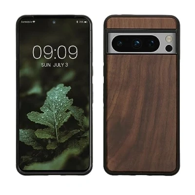Immagine di kwmobile Custodia Compatibile con Google Pixel 8 PRO Cover Protezione in Legno per Smartphone Back Case Bumper Silicone TPU Marrone Scuro