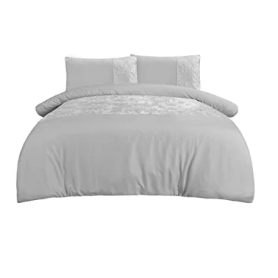 Immagine di Sleepdown Set di biancheria da letto con bordo in velluto argentato, composto copripiumino e federe, per super king size (260 x 230 cm)