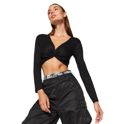 Immagine di Trendyol Camicetta da Donna in Maglia Asimmetrica con Scollo a V Aderente, Nero, S