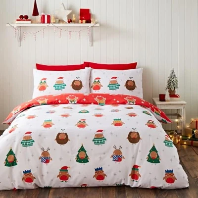 Immagine di Catherine Lansfield Set copripiumino matrimoniale reversibile con federe, motivo pettirossi per feste di Natale, colore: grigio