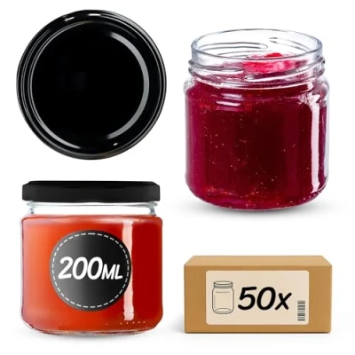 Immagine di KADAX Barattoli Ermetici di Vetro da 200 ml, Vassetti Piccoli con Coperchio a Vite per Conserve Frutta, Marmellate e Miele (Set 50, Nero)