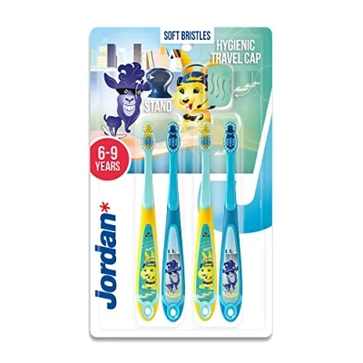 Immagine di Jordan ® Step 3 Spazzolino da denti bambini per di età 6 9 anni Setole morbide, doppio manico ergonomico e senza BPA Colore Blu &amp; Giallo Confezione 4 unità