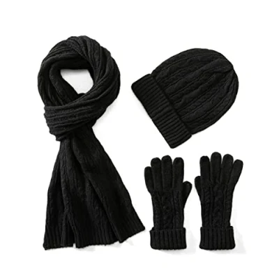 Immagine di Villand 3 Pezzi Cappelli Sciarpa con Guanti Touchscreen per Uomini e Donne, Set Unisex il Freddo Foderato in Pile Borsa Regalo (Nero)