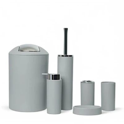 Immagine di GMMH Set di 6 accessori da bagno, con dispenser per sapone, porta saponetta e scopino WC (modello 2a, grigio chiaro)