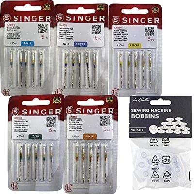 Immagine di Singer Confezione da 5 confezioni di aghi per macchine cucire universali a maglia, elastiche ed 130/705 H S 2045 Spessore 70, 80, 90, 100 e 110