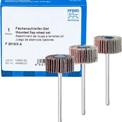 Immagine di PFERD Set di levigatrici a ventaglio F, 3 pezzi/corindone Ø20 x 10 mm, diametro gambo A80, 120, 180/44498030 per levigatura fine e finitura con levigatrice dritta o trasmissione ad albero