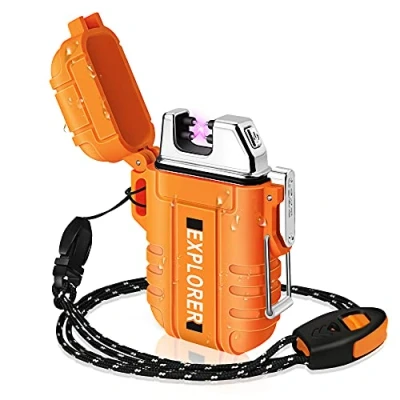 Immagine di Lafagiet Accendino USB ricaricabile, impermeabile, doppio arco, per campeggio, escursionismo, kit di sopravvivenza all’aperto, Arancione