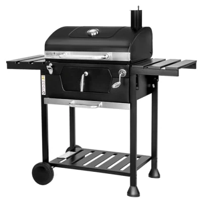Immagine di MasterCook Barbecue a carbonella in Acciaio con Ruote Robusto e Stabile Doppia griglia, termometro Regolazione cestello Barbecue, Ripiani Laterali