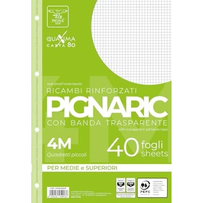 Immagine di Pigna 02194594M, Ricambio con Banda Rinforzata, Rigatura 4M, quadretti 4 mm per e 5 elementare medie superiori, Carta 80g/mq, Pacco da 40 Fogli