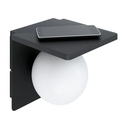 Immagine di Eglo Lampada da parete Ciglie a 1 lampadina, materiale: alluminio pressofuso, colore: nero, vetro: opalino opaco, bianco, include caricatore Qi (ricarica wireless), attacco: E14