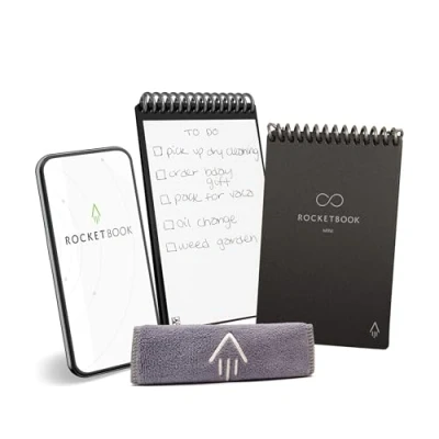 Immagine di Rocketbook Mini Blocco note riutilizzabile, taccuino tascabile 8,9 x 14 cm, nero 48 pagine a puntini, con app, cancellabile, ideale per liste e appunti veloci ovunque