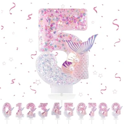 Immagine di candele di compleanno con numeri 5,3D, sirene rosa, 5, decorazione per torte, compleanni, decorazioni