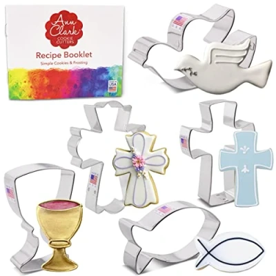 Immagine di Formine per Biscotti Stampi Comunione Battesimo Cresima Pasqua 5 pz. Set prodotto negli Stati Uniti da Ann Clark, Calice, Jesus Fish, Holy Cross, Dove, Fancy Cross