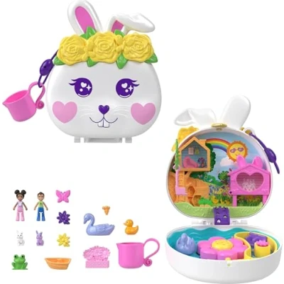 Immagine di Polly Pocket Cofanetto Coniglietto Floreale, playset com 2 micro bambole e cuccioli inclusi, gioco d&#039;acqua 12 accessori di cui cambia colore, giocattolo per bambini, 4+ anni, HKV36