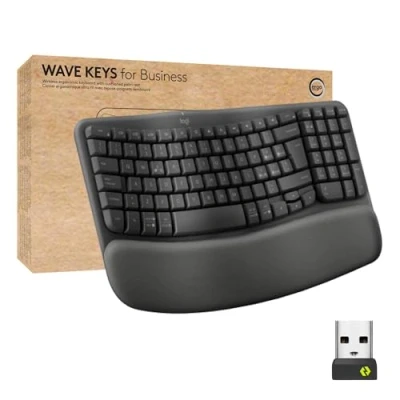 Immagine di Logitech Wave Keys for Business, tastiera wireless ergonomica con supporto per i polsi imbottito, tecnologia Secure Logi Bolt, Bluetooth, Windows/Mac/Chrome/Linux, Layout ITA QWERTY, Grafite