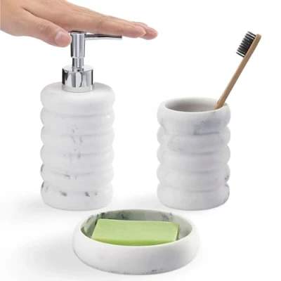 Immagine di Navaris Set Bagno Porta Sapone e Spazzolini Accessori 3x Pz Bicchiere Spazzolino Portasapone Liquido Piattino Saponetta Effetto Marmo Ondulato