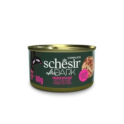 Immagine di Schesir After Dark, bistecche di pollo con manzo in brodo, cibo umido completo per gatti (12 atasx 80g)
