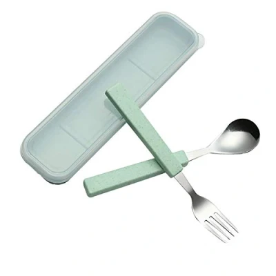 Immagine di VANRA 2 Piece Set Posate per Bambini in Acciaio Inox 18/10 Argento Bambino Stoviglie Utensili forchetta e Cucchiaio da tavola con Custodia Viaggio (Cromato (Verde)