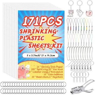 Immagine di HIMOMO Set di 171 pellicole termoretraibili, 15 pezzi, DIN A5 (20 x 14,5 cm), pellicola termoretraibile, carta sintetica, perforatore, gancio per orecchie, spille e portachiavi fai da te