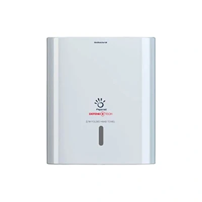 Immagine di Papernet Defend Tech Dispenser Antibatterico per Asciugamani piegati a Z/W 416148, in Plastica Reciclata e Antibatterica, Capacità Massima 2,5 Clips, Dimensioni 33,6x10,8x29cm, Bianco