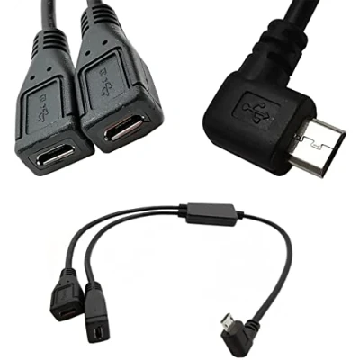 Immagine di cavo splitter e micro USB da 5 pin maschio a 2 femmina sinistra, dati in 1, adattatore femmine