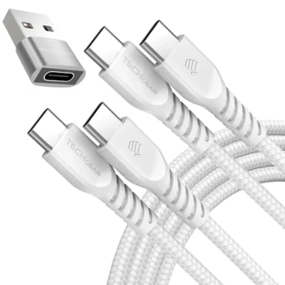 Immagine di TECHGEAR cavo di ricarica da USB C a 60 W (1 m + 1 adattatore) intrecciato tipo C, dati rapida compatibile con iPhone